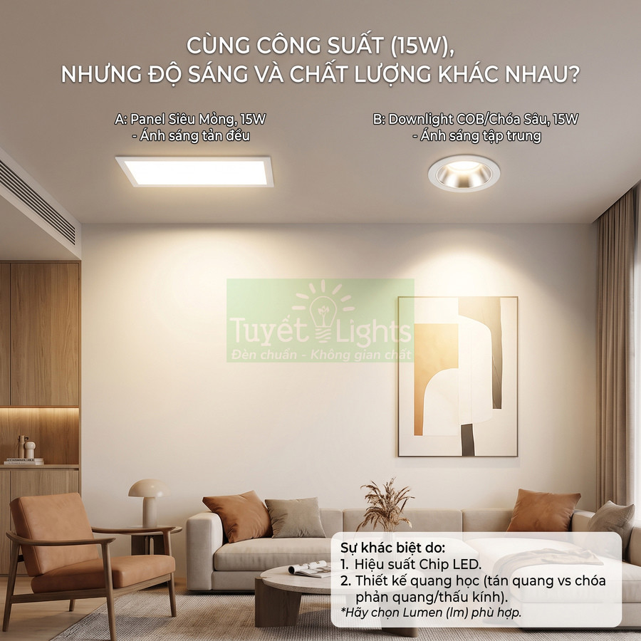 So sánh đèn LED panel siêu mỏng 15W và đèn downlight COB 15W Tuyết Lights trong phòng khách hiện đại